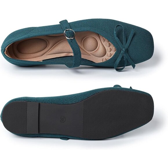 Women Dark Green Fabric Upper And Rubber Sole Ballet Flats With Ankle Strap - Picture 2 of 6